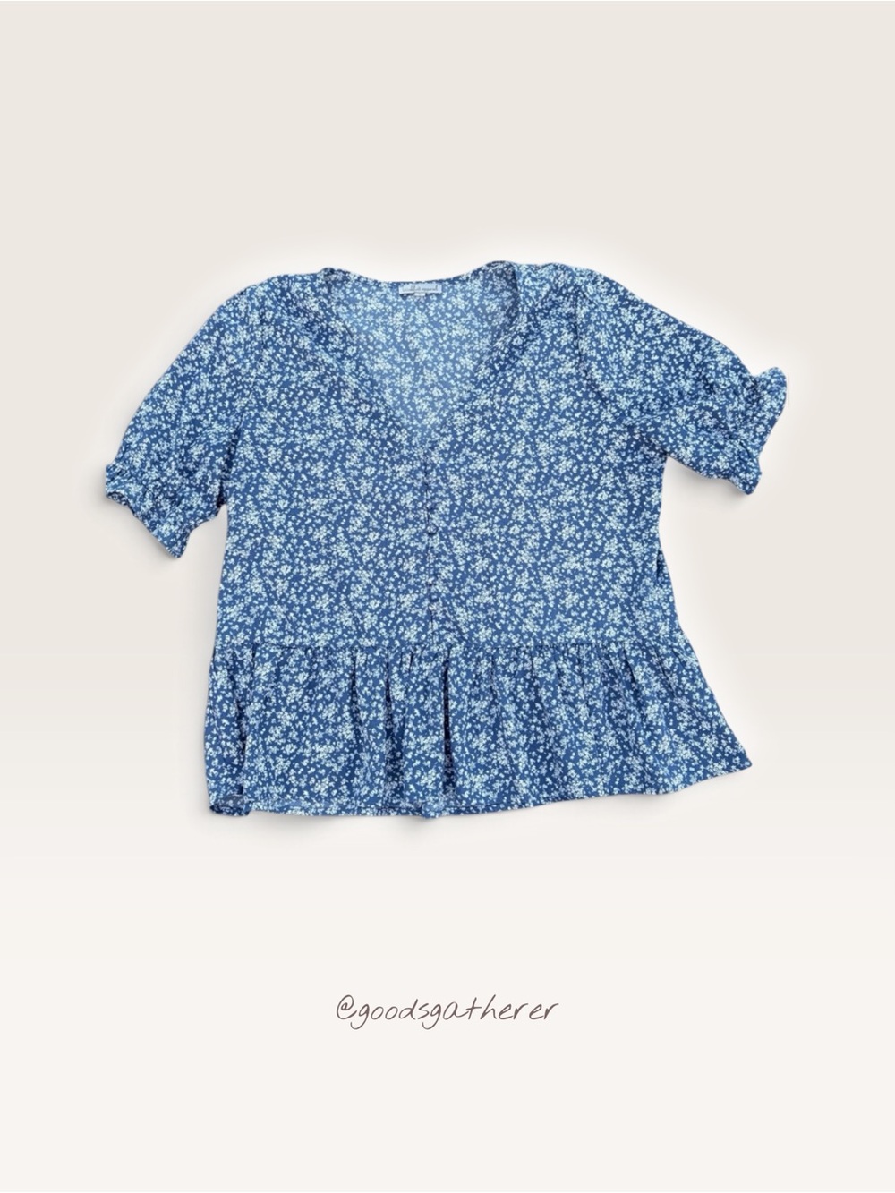 Wishlist Apparel Blue Floral Button Front Peplum Blouse Puff Sleeve Size L